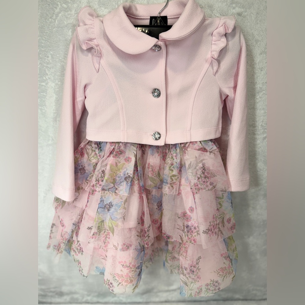 Lilt Toddler Pink Floral Tiered Tutu Sleeveless Dress Solid Pink Jacket Size 4T